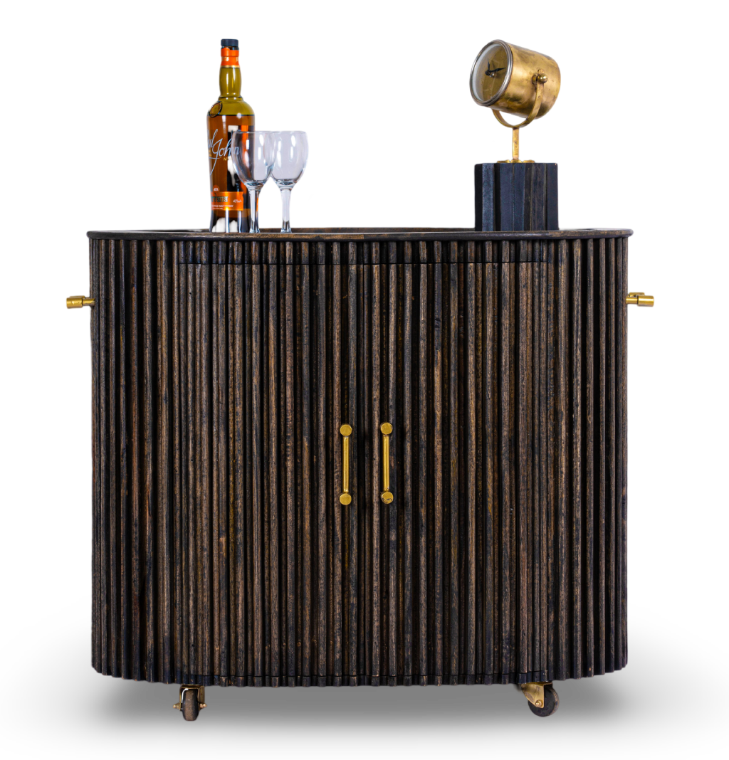 Brushed Grey Fluted Wood Bar Cabinet