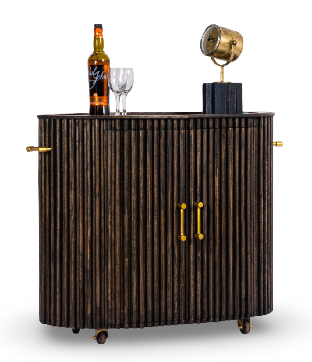 Brushed Grey Fluted Wood Bar Cabinet