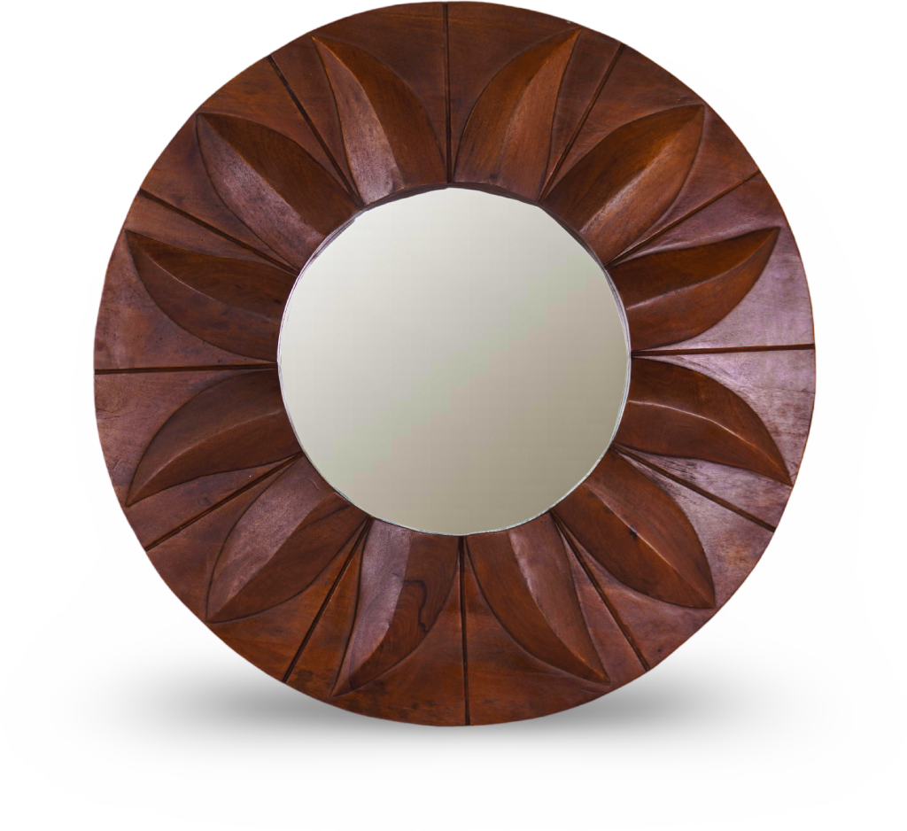 Round Carved Wooden Sunburst Mirror