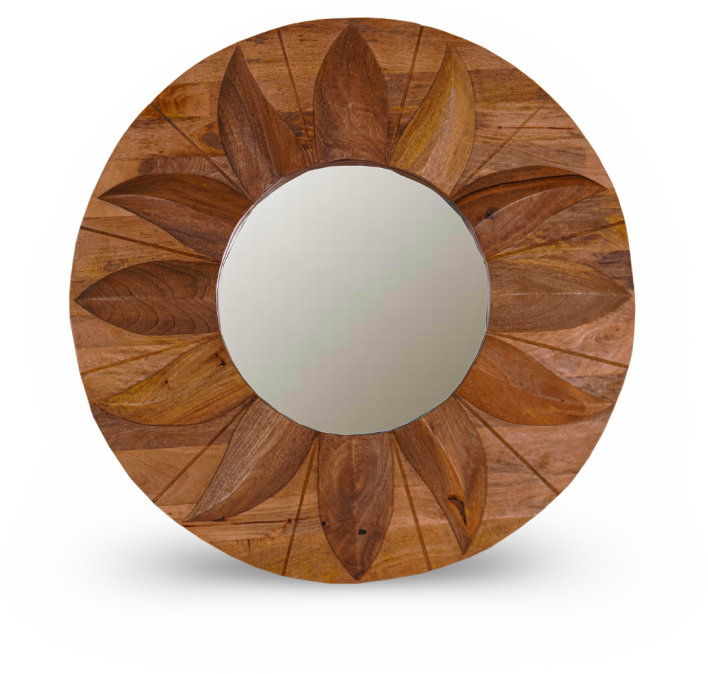 Round Carved Wooden Sunburst Mirror