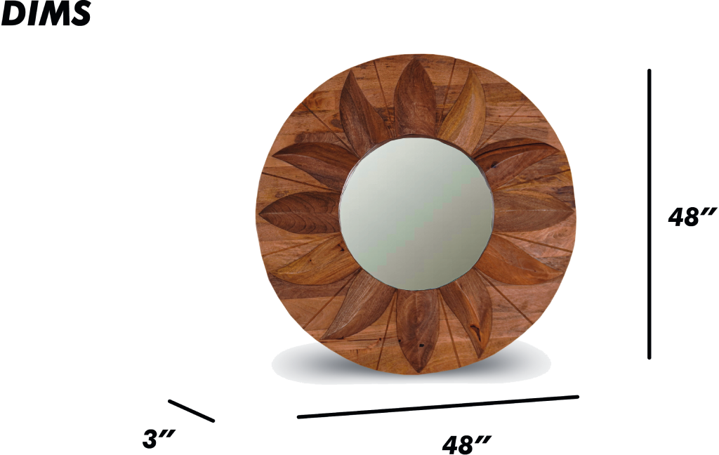 Round Carved Wooden Sunburst Mirror