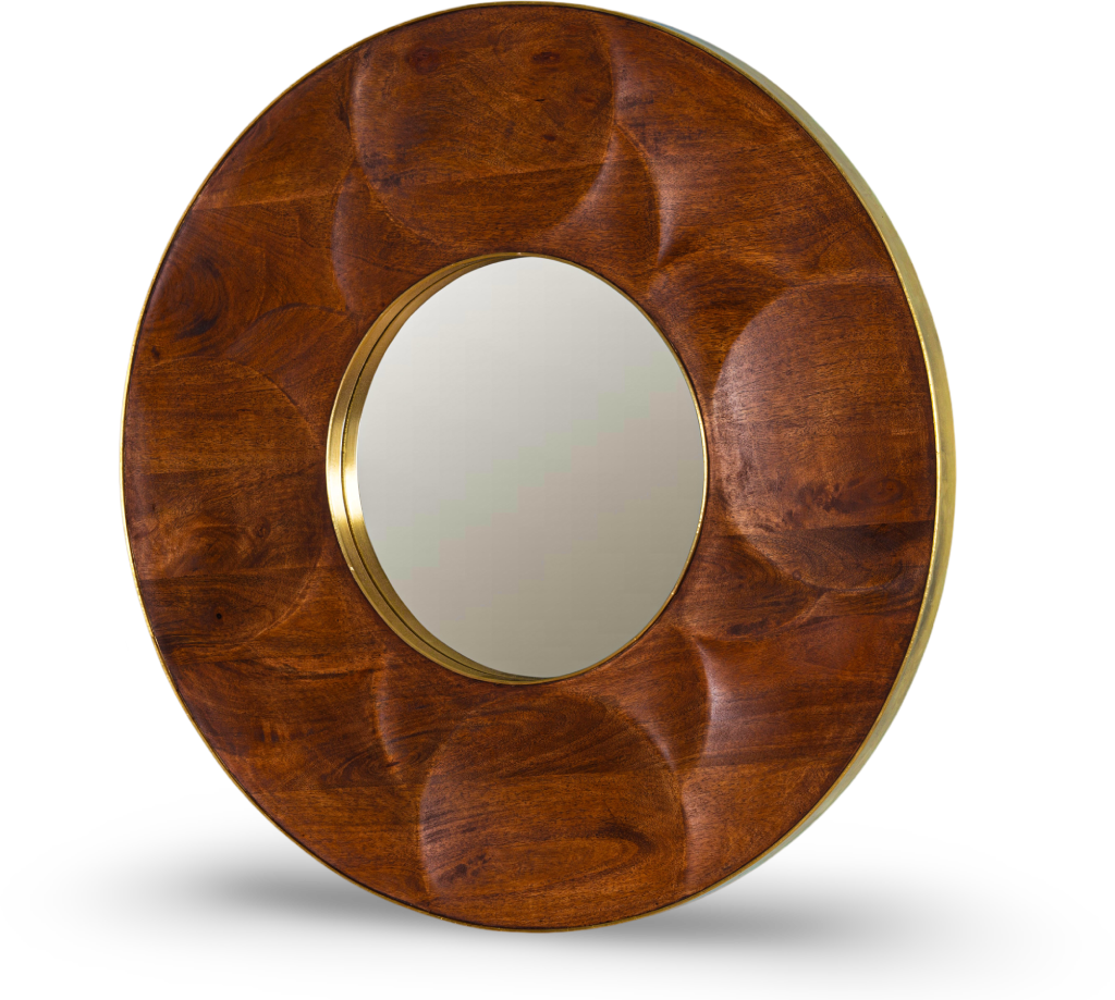 Carved Wood Oval Mirror with Brass Detailing