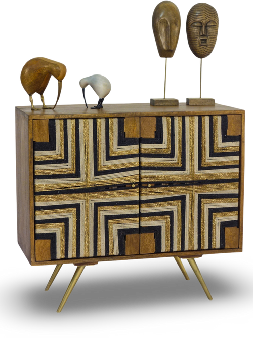 Tribal-Inspired Bar Cabinet with Geometric Woven Front