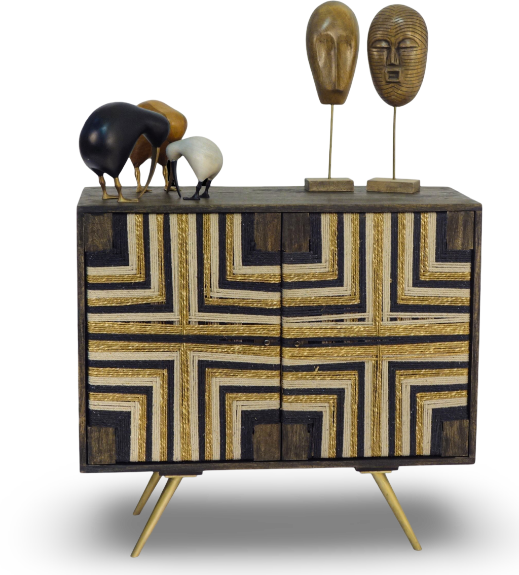 Tribal-Inspired Bar Cabinet with Geometric Woven Front