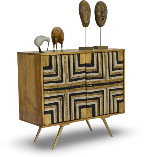 Tribal-Inspired Bar Cabinet with Geometric Woven Front