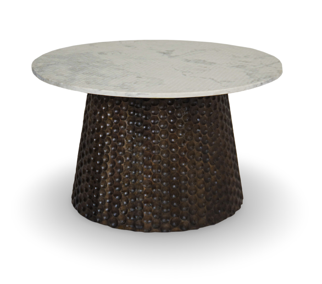 Round Coffee Table with Hammered Copper Base and Marble Top
