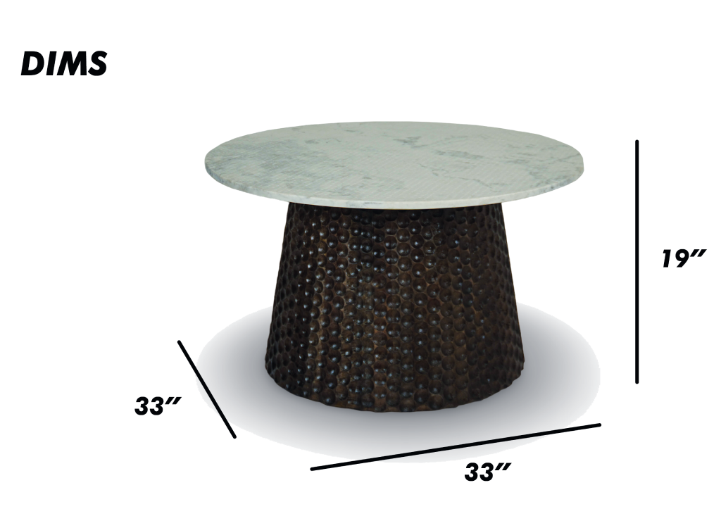 Round Coffee Table with Hammered Copper Base and Marble Top
