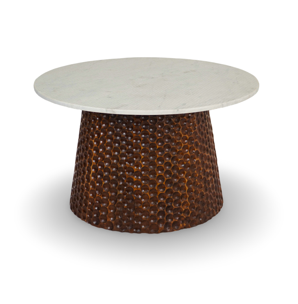 Round Coffee Table with Hammered Copper Base and Marble Top