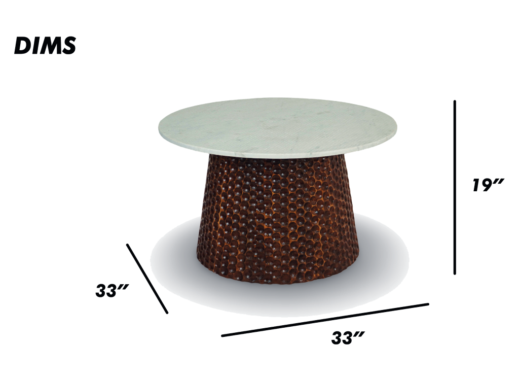 Round Coffee Table with Hammered Copper Base and Marble Top