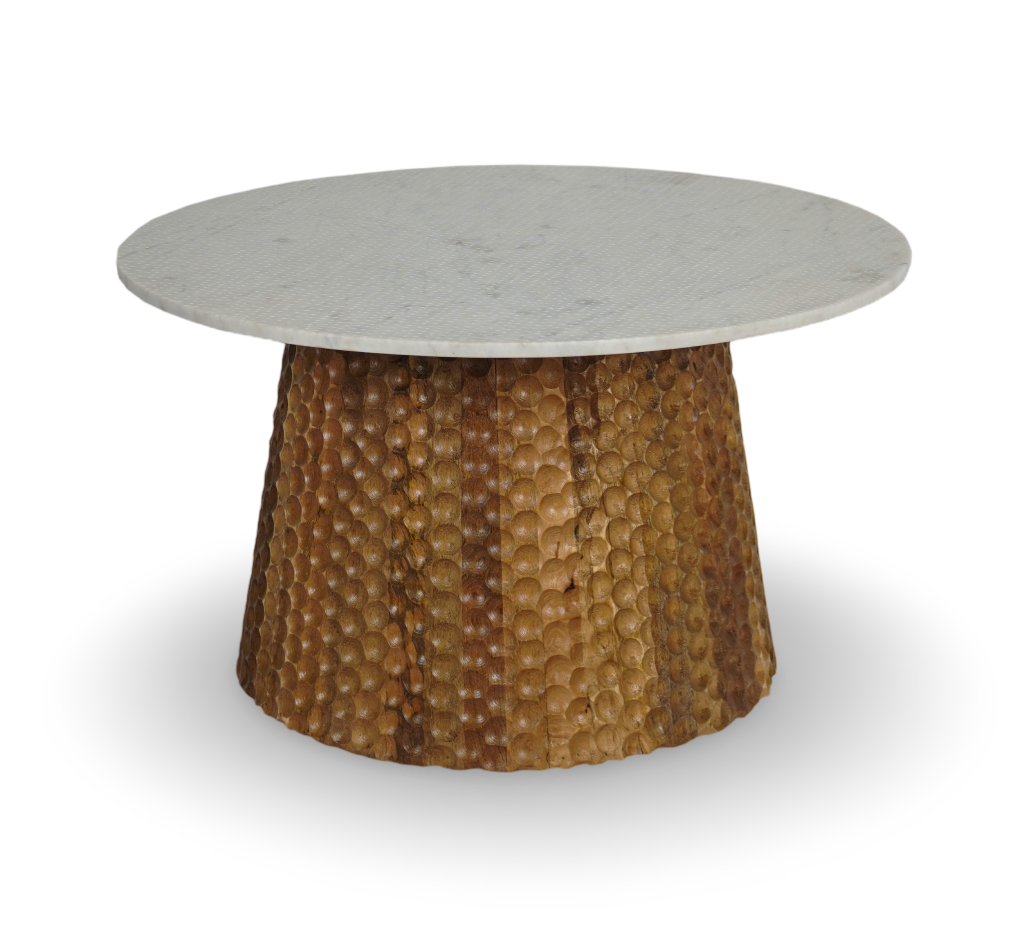 Round Coffee Table with Hammered Copper Base and Marble Top