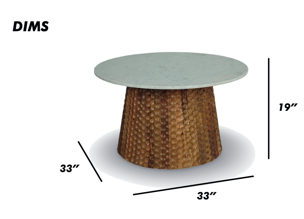 Round Coffee Table with Hammered Copper Base and Marble Top