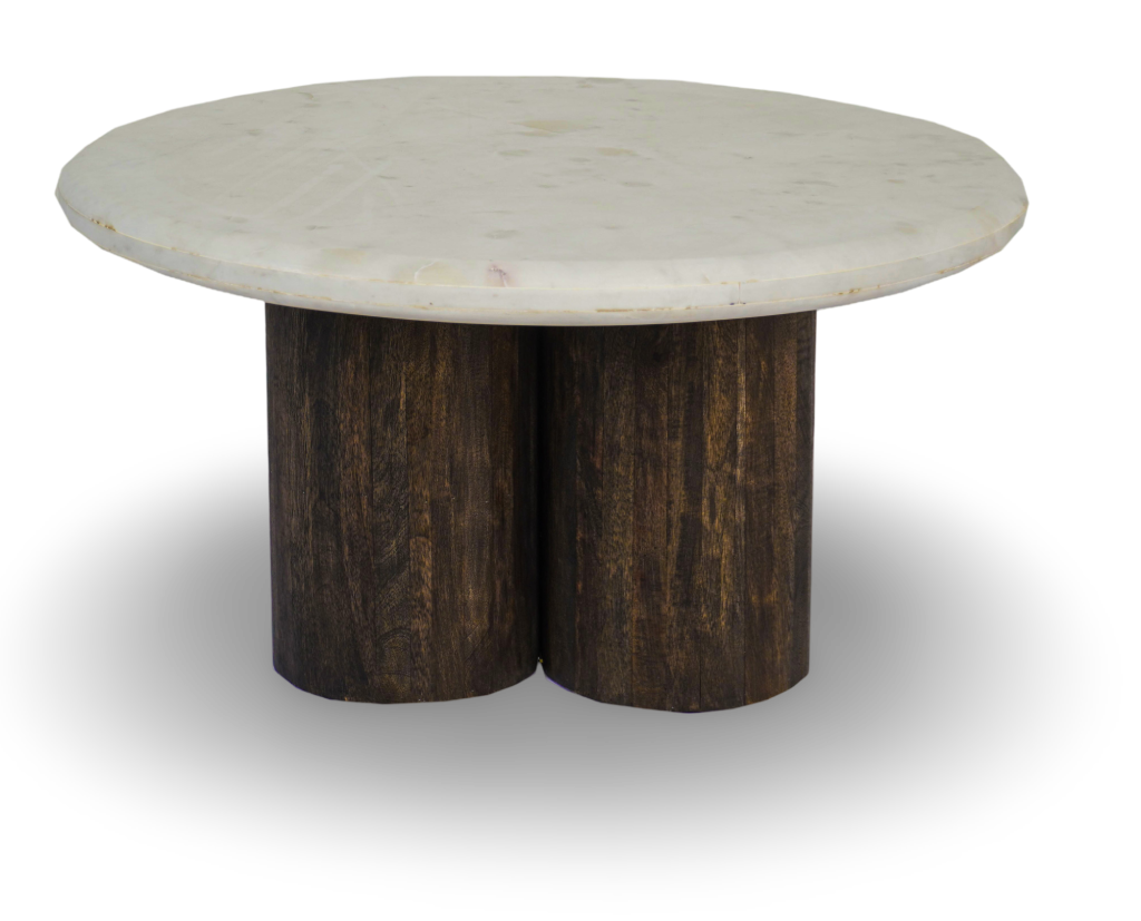 Round Coffee Table with Marble Top and Fluted Wooden Base