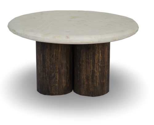 Round Coffee Table with Marble Top and Fluted Wooden Base