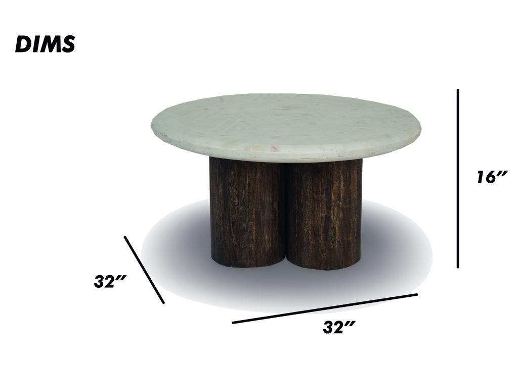 Round Coffee Table with Marble Top and Fluted Wooden Base