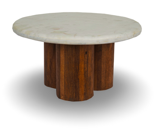 Round Coffee Table with Marble Top and Fluted Wooden Base