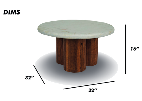 Round Coffee Table with Marble Top and Fluted Wooden Base