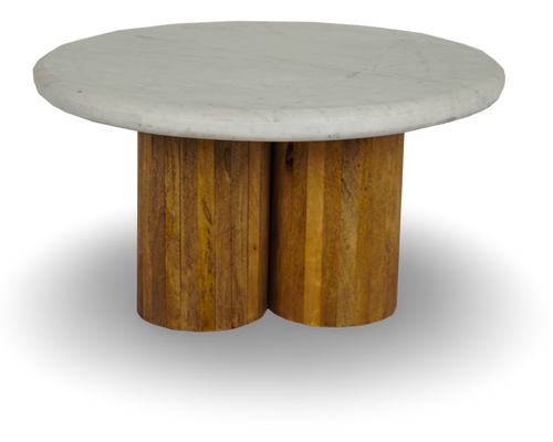 Round Coffee Table with Marble Top and Fluted Wooden Base