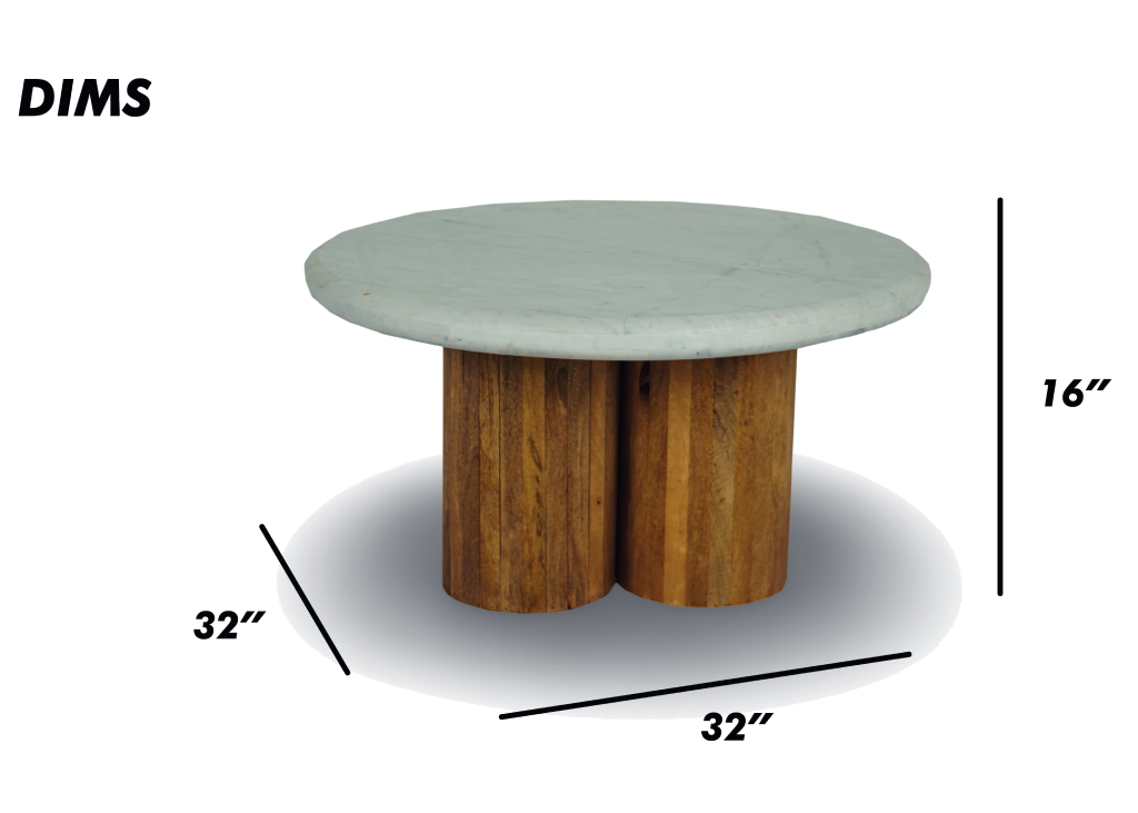 Round Coffee Table with Marble Top and Fluted Wooden Base