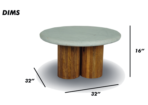 Round Coffee Table with Marble Top and Fluted Wooden Base