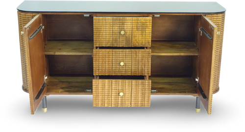 Brushed Grey Woven Rattan Storage Sideboard with Glass Top