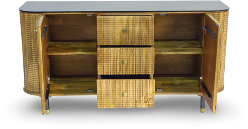 Brushed Grey Woven Rattan Storage Sideboard with Glass Top