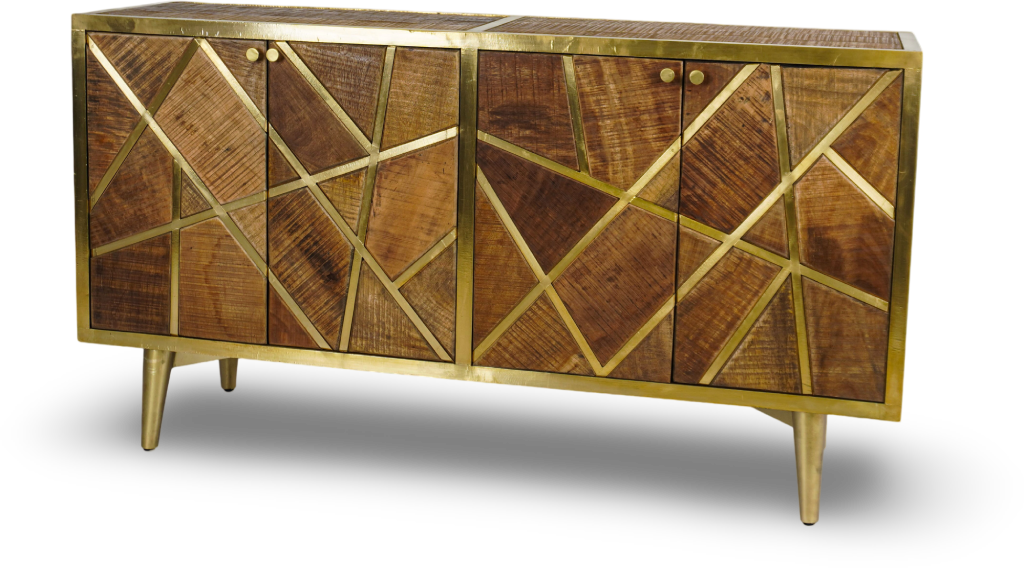 Brown Geometric Wood and Brass Sideboard