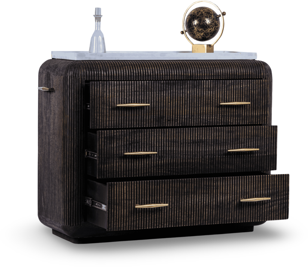 Ribbed Wooden Dresser with Brass Accents