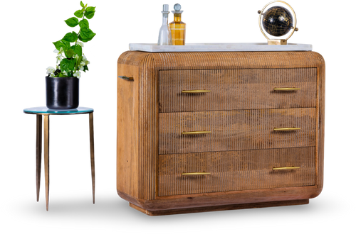 Ribbed Wooden Dresser with Brass Accents