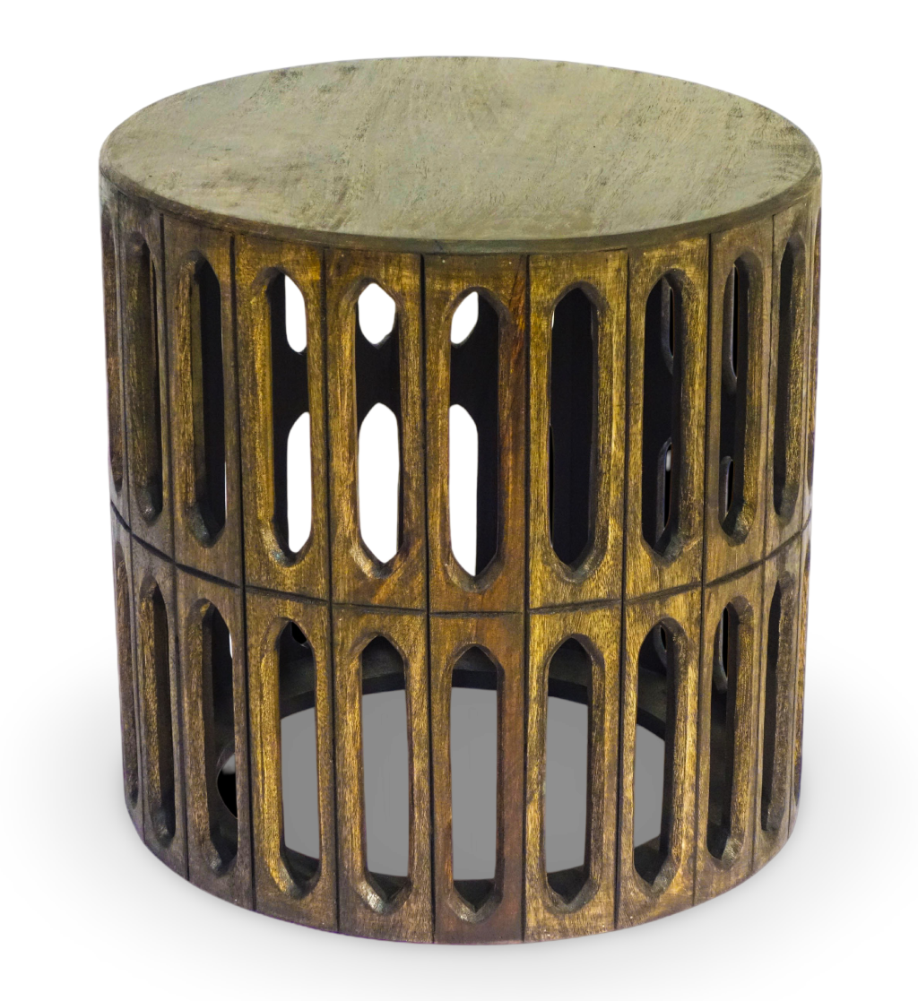 Carved Wooden Drum Side Table