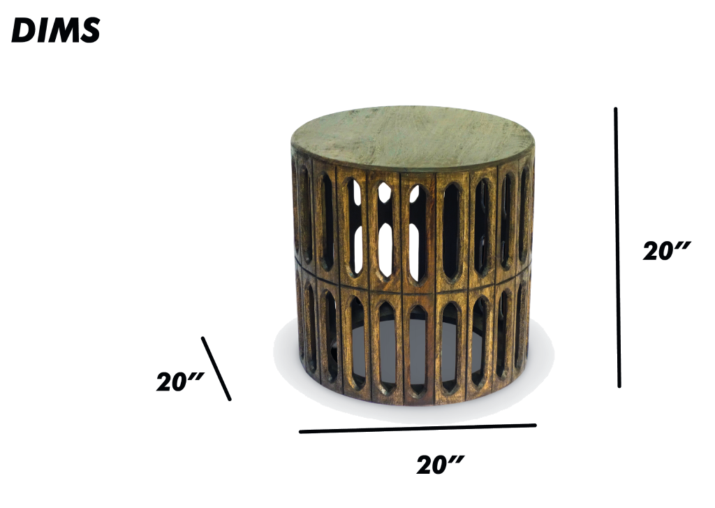 Carved Wooden Drum Side Table