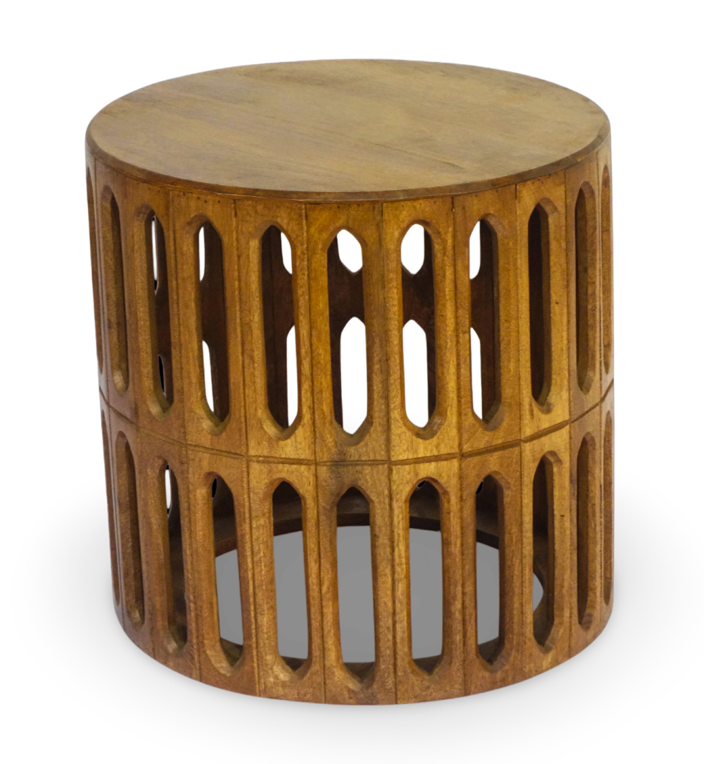 Carved Wooden Drum Side Table