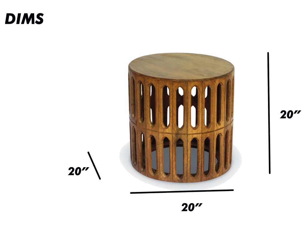 Carved Wooden Drum Side Table