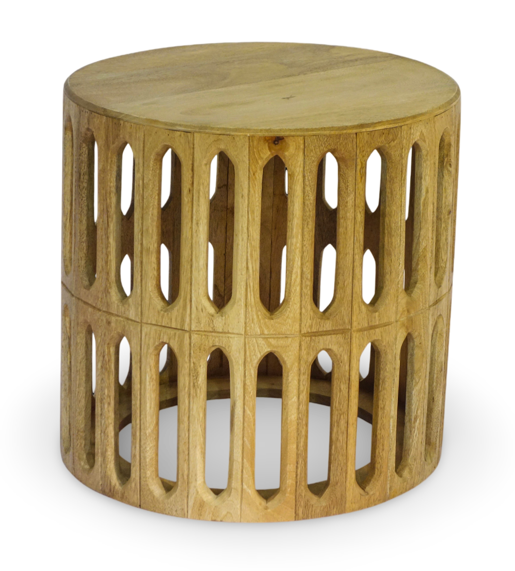 Carved Wooden Drum Side Table