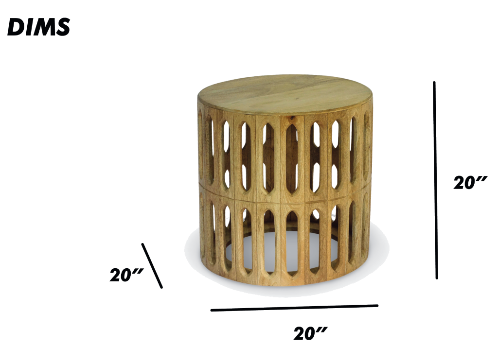 Carved Wooden Drum Side Table