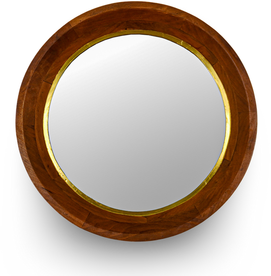 Brown Round Wooden Wall Mirror