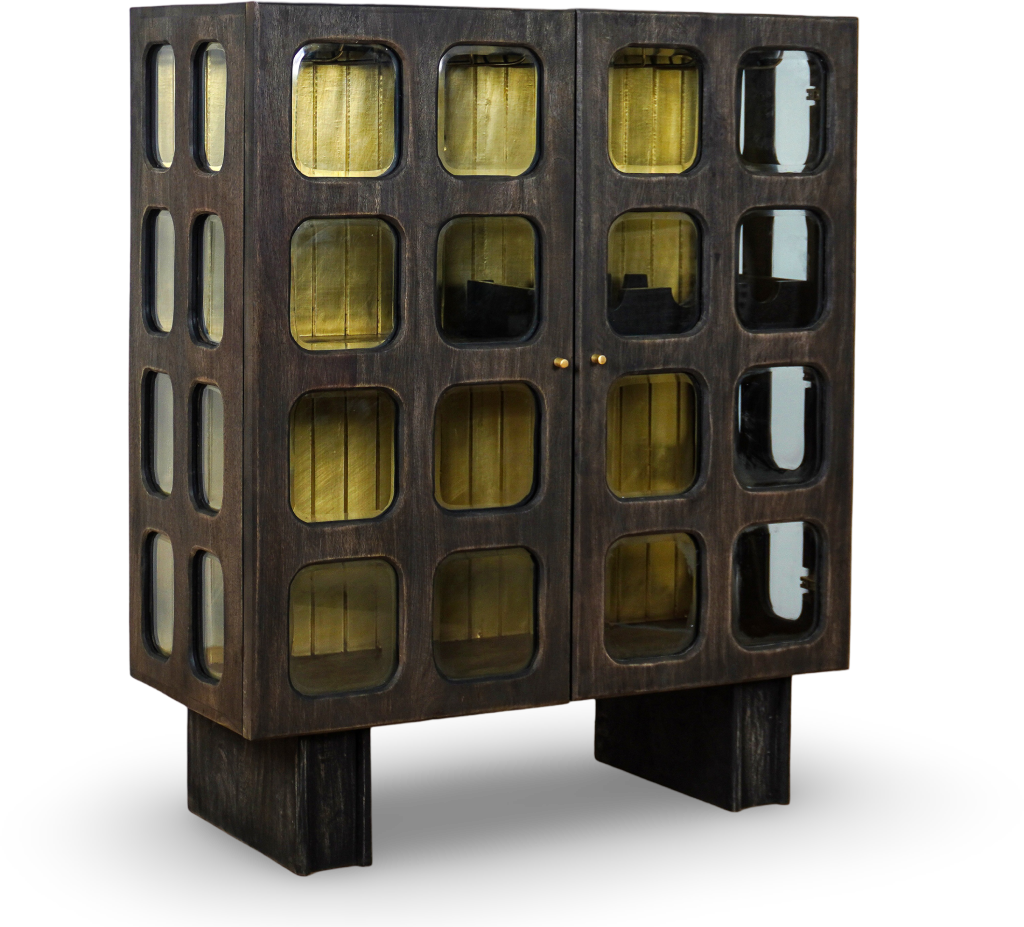Grey Brush Grid Bar Cabinet