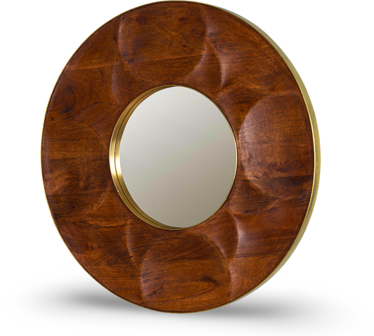 Carved Wood Oval Mirror with Brass Detailing