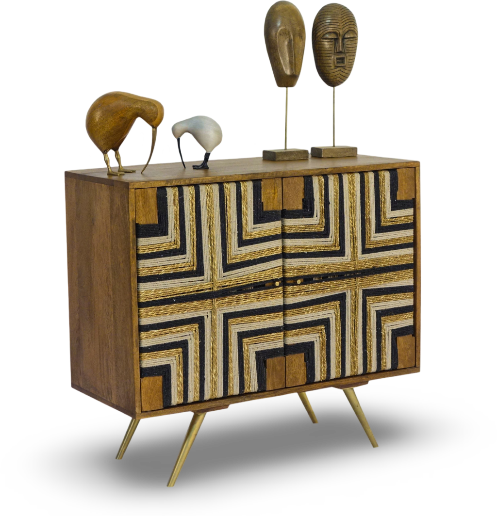 Tribal-Inspired Bar Cabinet with Geometric Woven Front