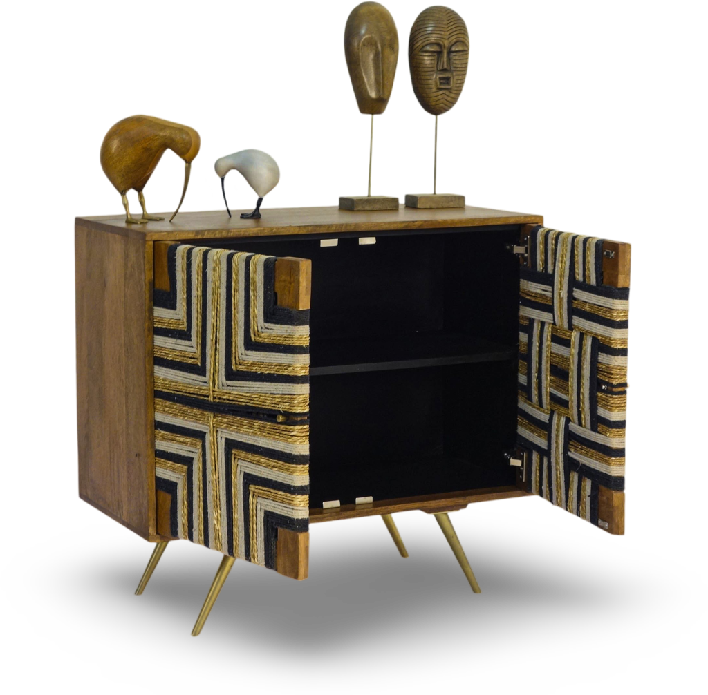 Tribal-Inspired Bar Cabinet with Geometric Woven Front