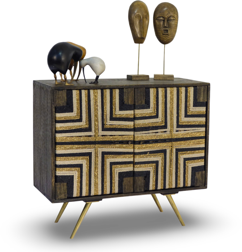 Tribal-Inspired Bar Cabinet with Geometric Woven Front