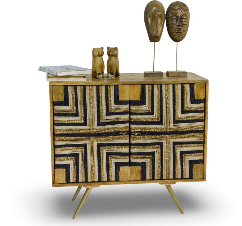Tribal-Inspired Bar Cabinet with Geometric Woven Front