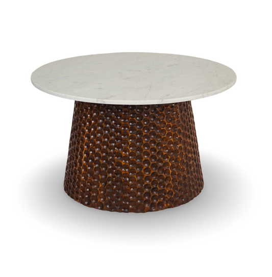Round Coffee Table with Hammered Copper Base and Marble Top