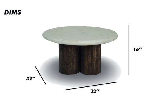 Round Coffee Table with Marble Top and Fluted Wooden Base