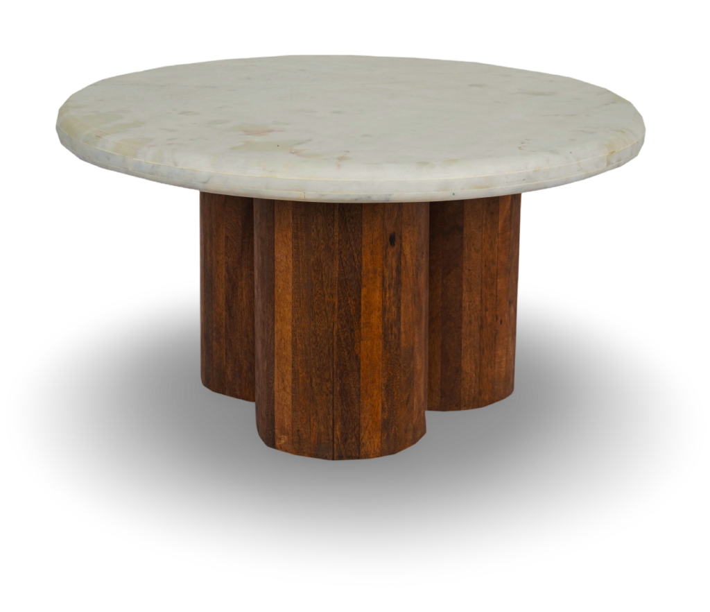 Round Coffee Table with Marble Top and Fluted Wooden Base