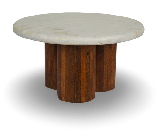 Round Coffee Table with Marble Top and Fluted Wooden Base