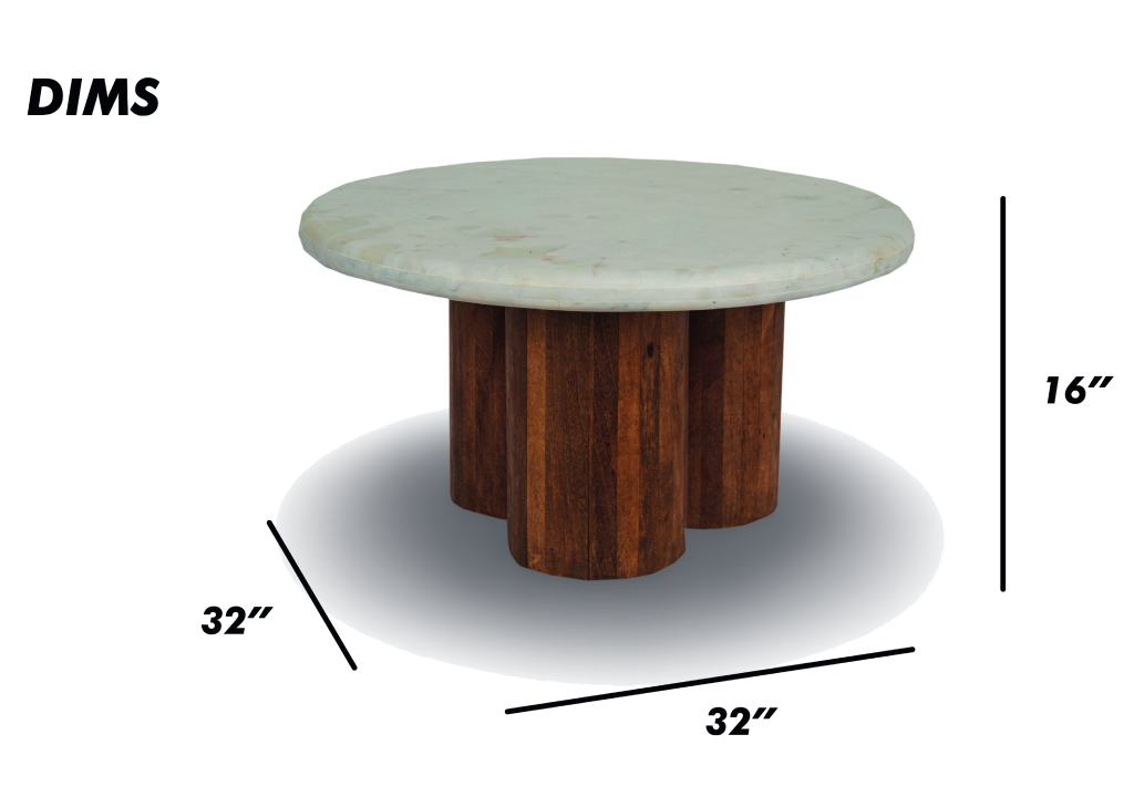 Round Coffee Table with Marble Top and Fluted Wooden Base