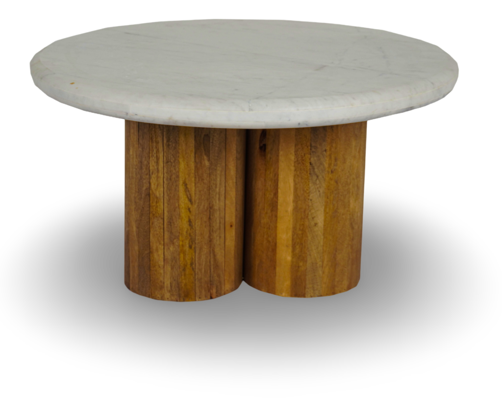 Round Coffee Table with Marble Top and Fluted Wooden Base