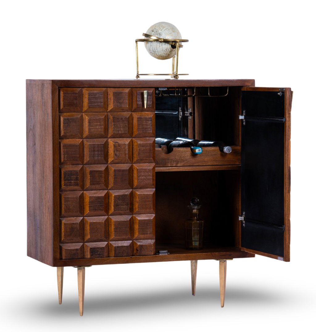 Brown Mid-Century Block Bar Cabinet