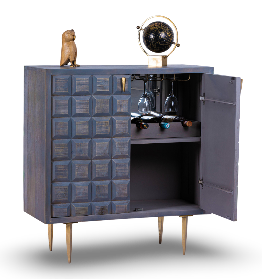 Grey Mid-Century Block Bar Cabinet