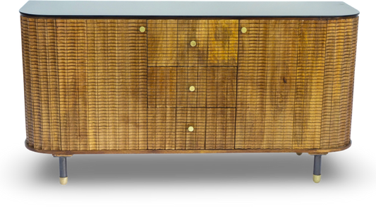 Brushed Grey Woven Rattan Storage Sideboard with Glass Top